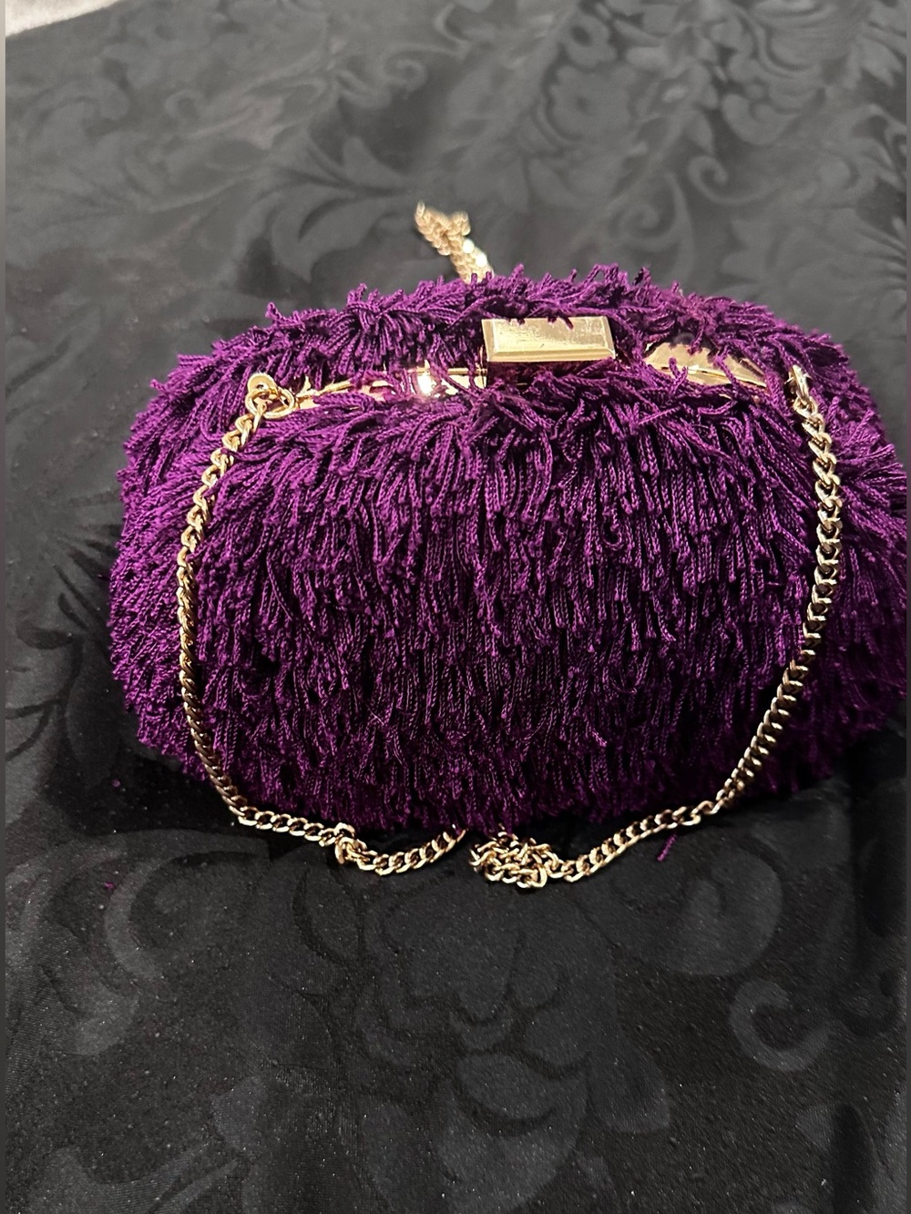 Zara Purple Fringe Clutch with Gold Chain